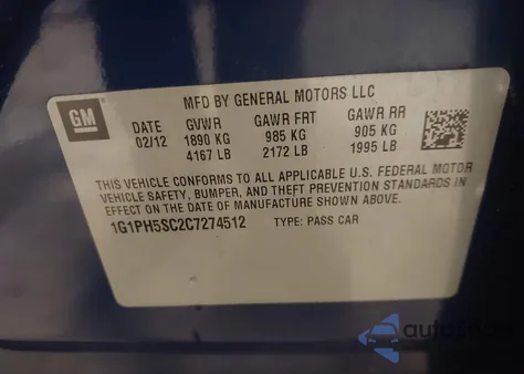 2012 Chevrolet Cruze Ltz from USA, damaged, VIN 1G1PH5SC2C7274512